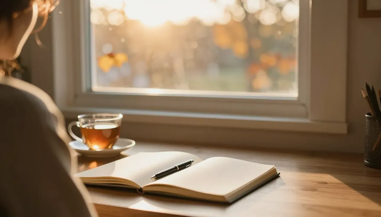 A notebook and tea on a sunlit desk by a golden window