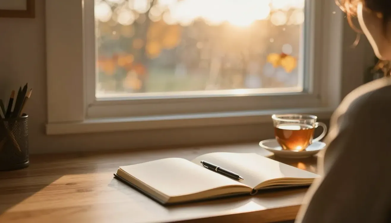A notebook and tea on a sunlit desk by a golden window