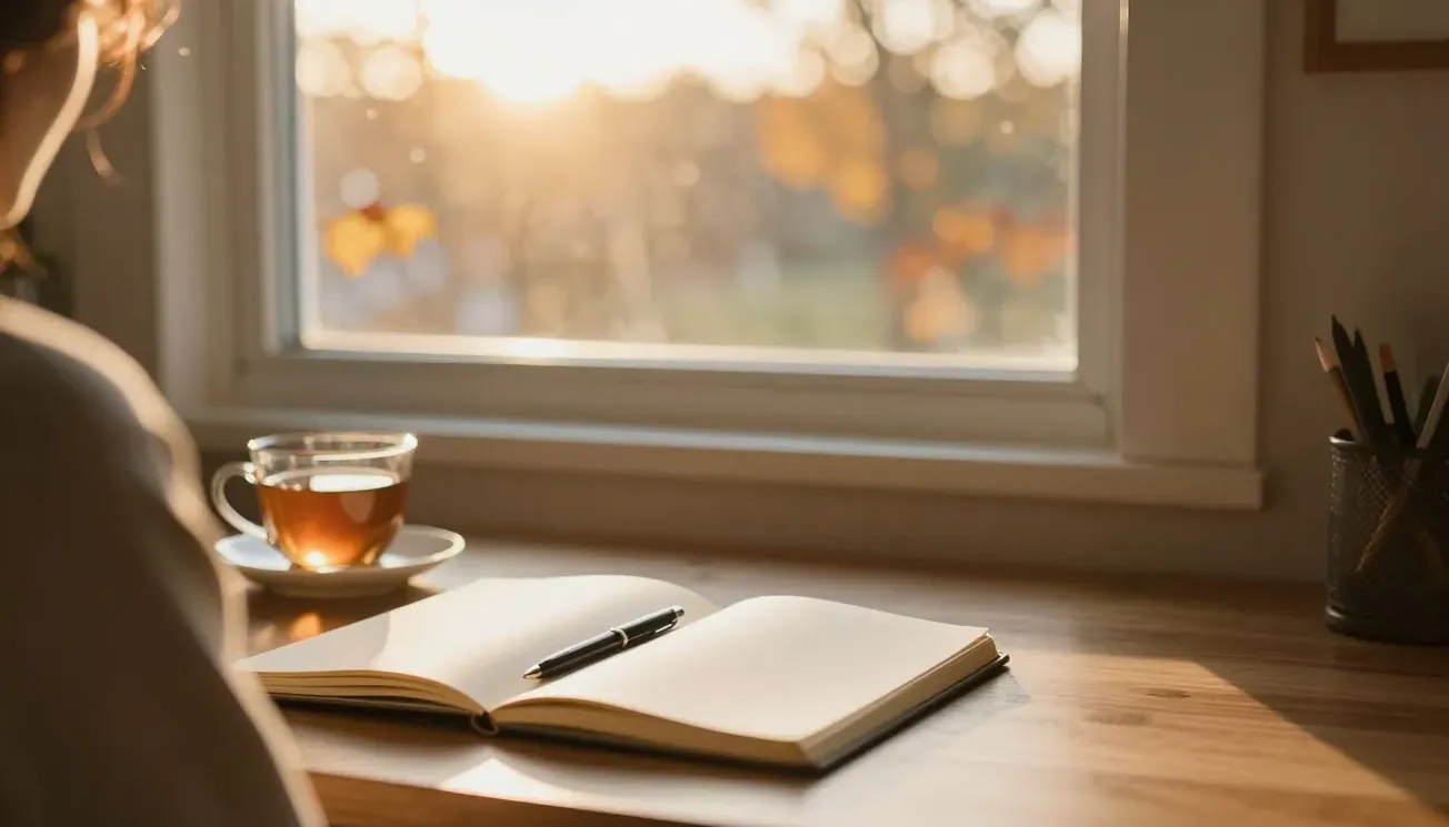 A notebook and tea on a sunlit desk by a golden window