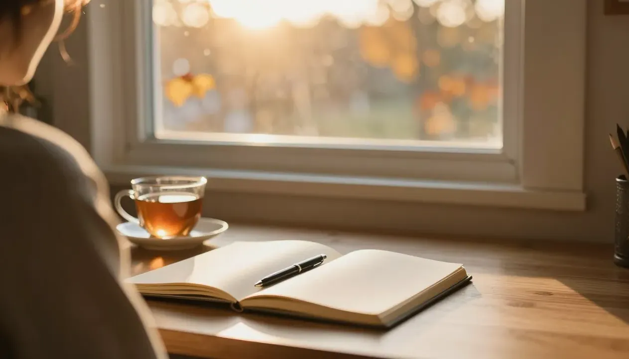A notebook and tea on a sunlit desk by a golden window