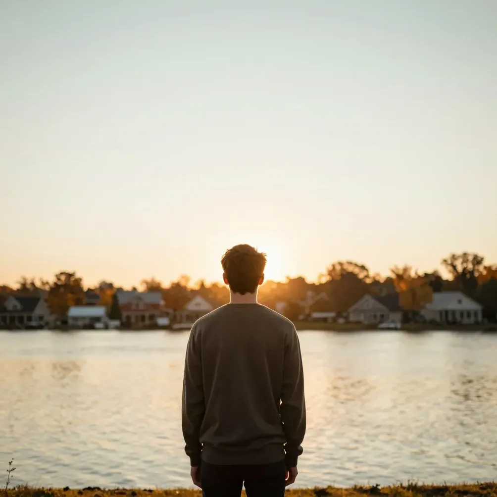 A young adult looks toward the horizon at golden hour, seen from behind
