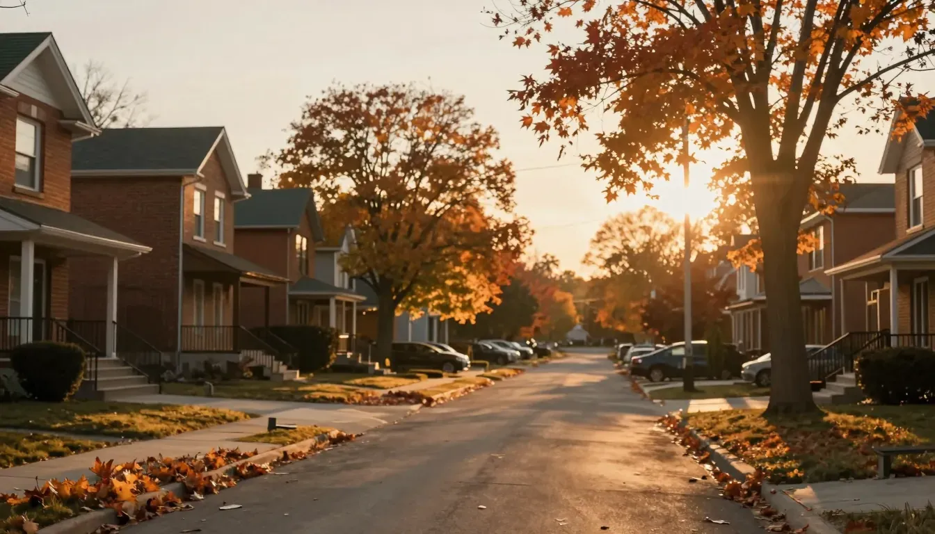 A quiet suburban Ontario street at golden-hour sunset