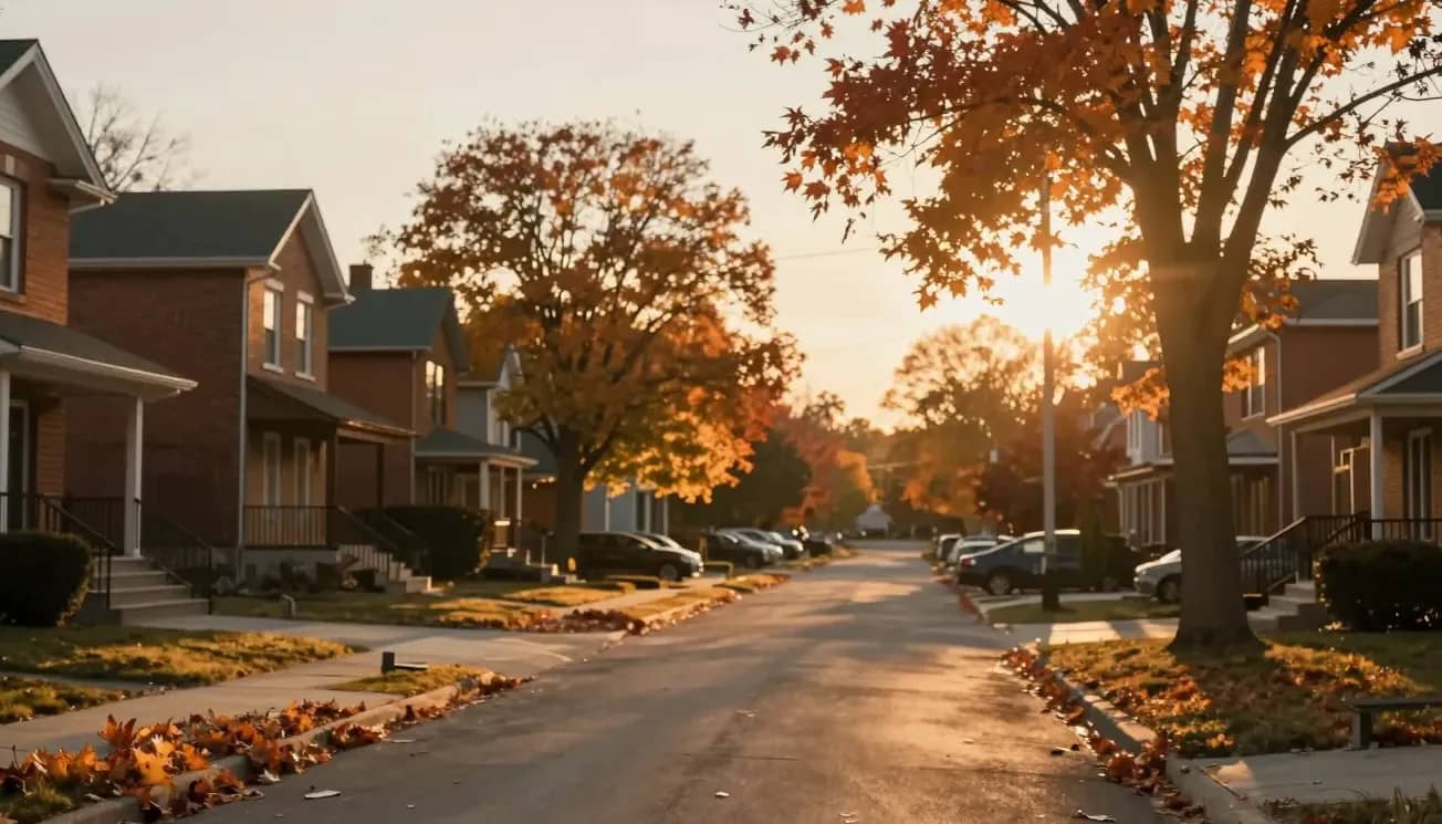 A quiet suburban Ontario street at golden-hour sunset