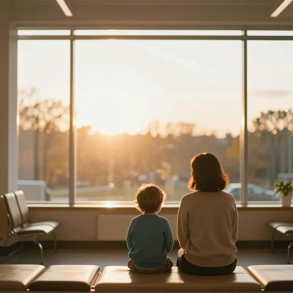 A parent and child at a clinic waiting area, seen from behind