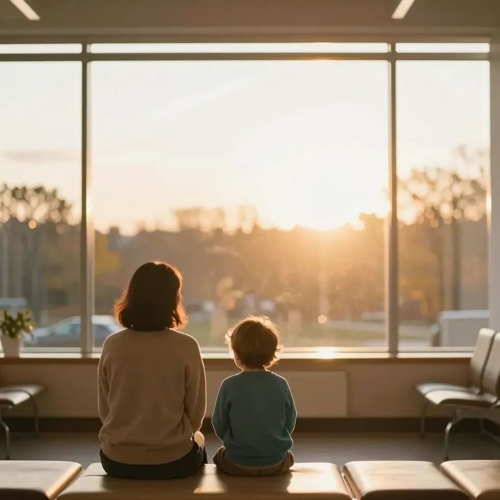A parent and child at a clinic waiting area, seen from behind