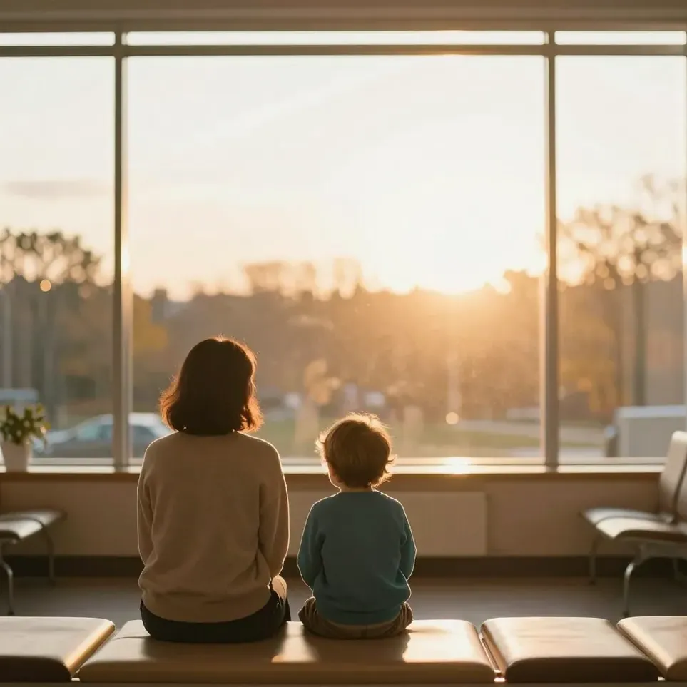 A parent and child at a clinic waiting area, seen from behind