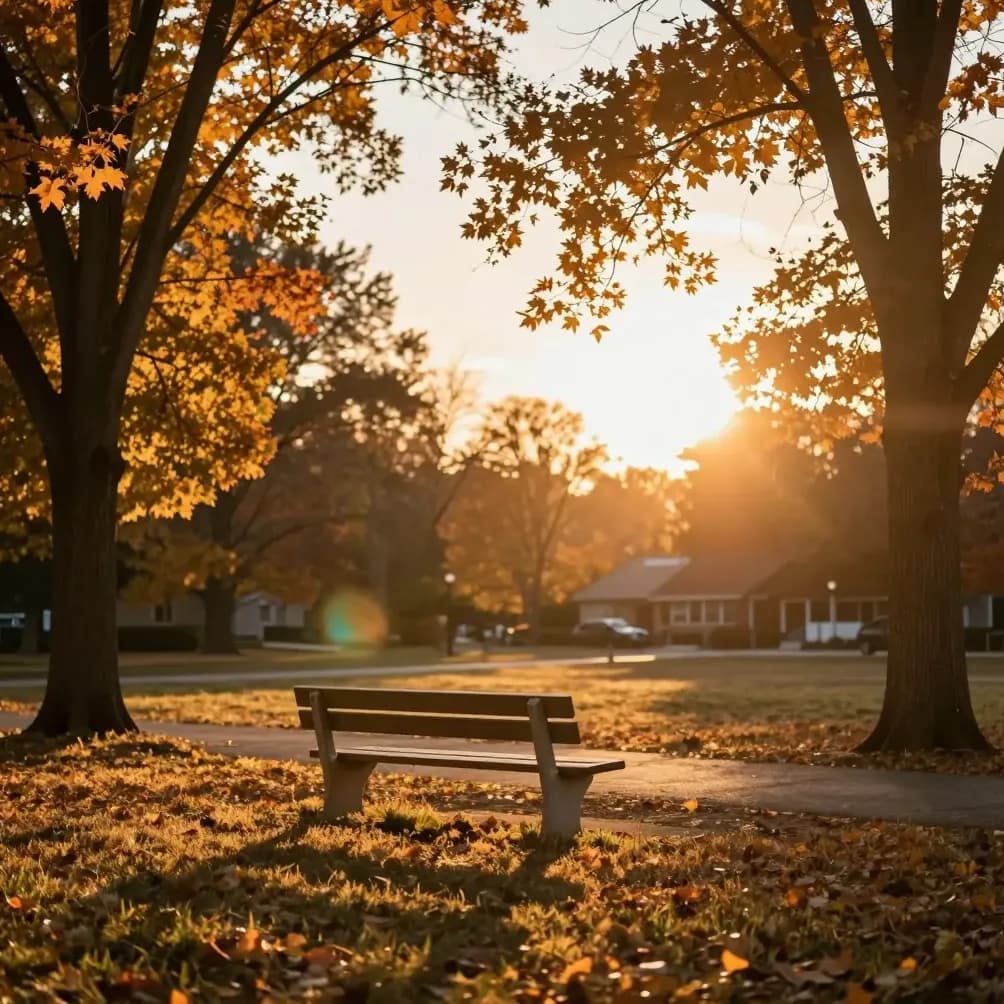 A quiet Mississauga park at golden-hour sunset