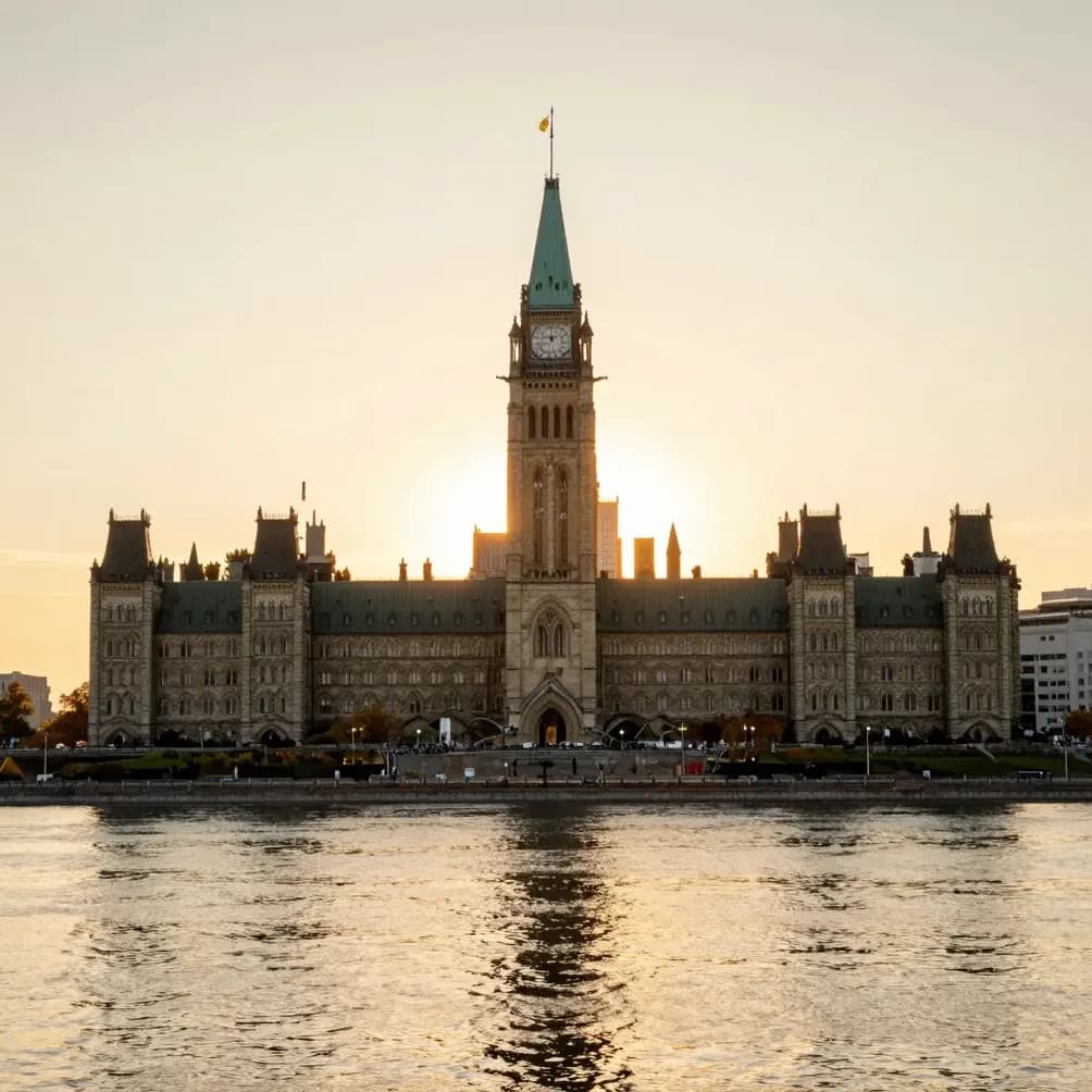 Parliament Hill in Ottawa at golden-hour sunset