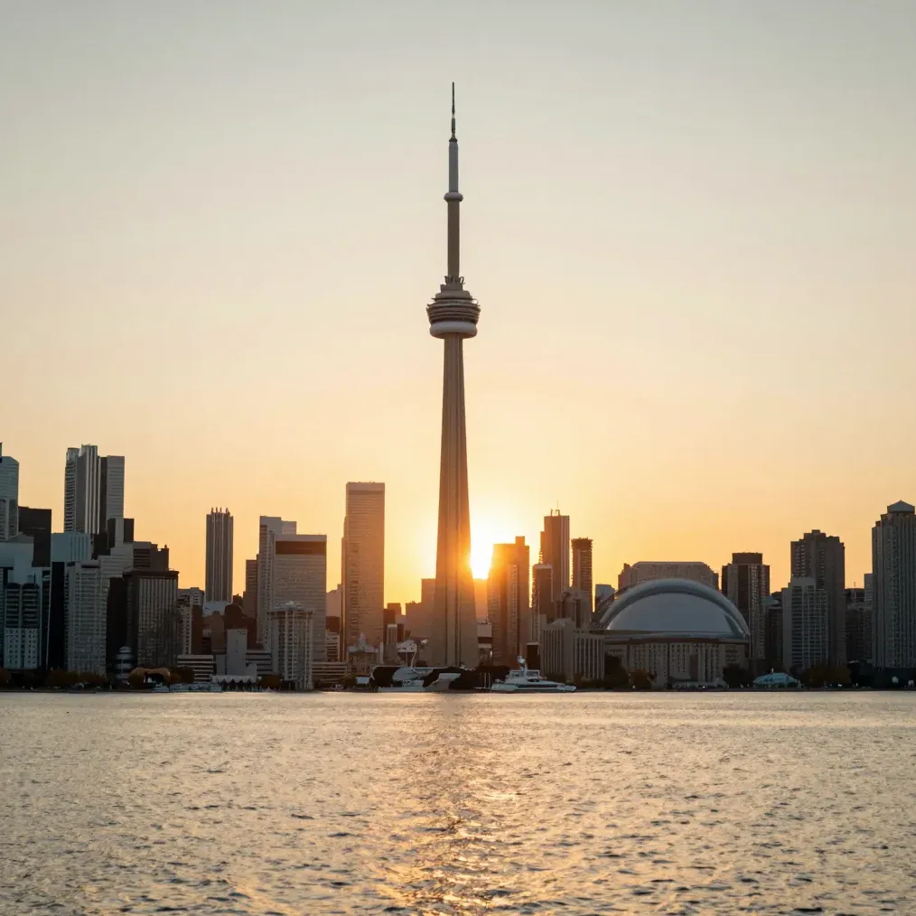 The Toronto skyline and CN Tower at golden-hour sunset