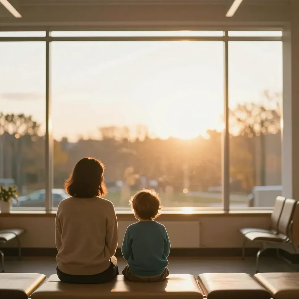 A parent and child at a clinic waiting area, seen from behind