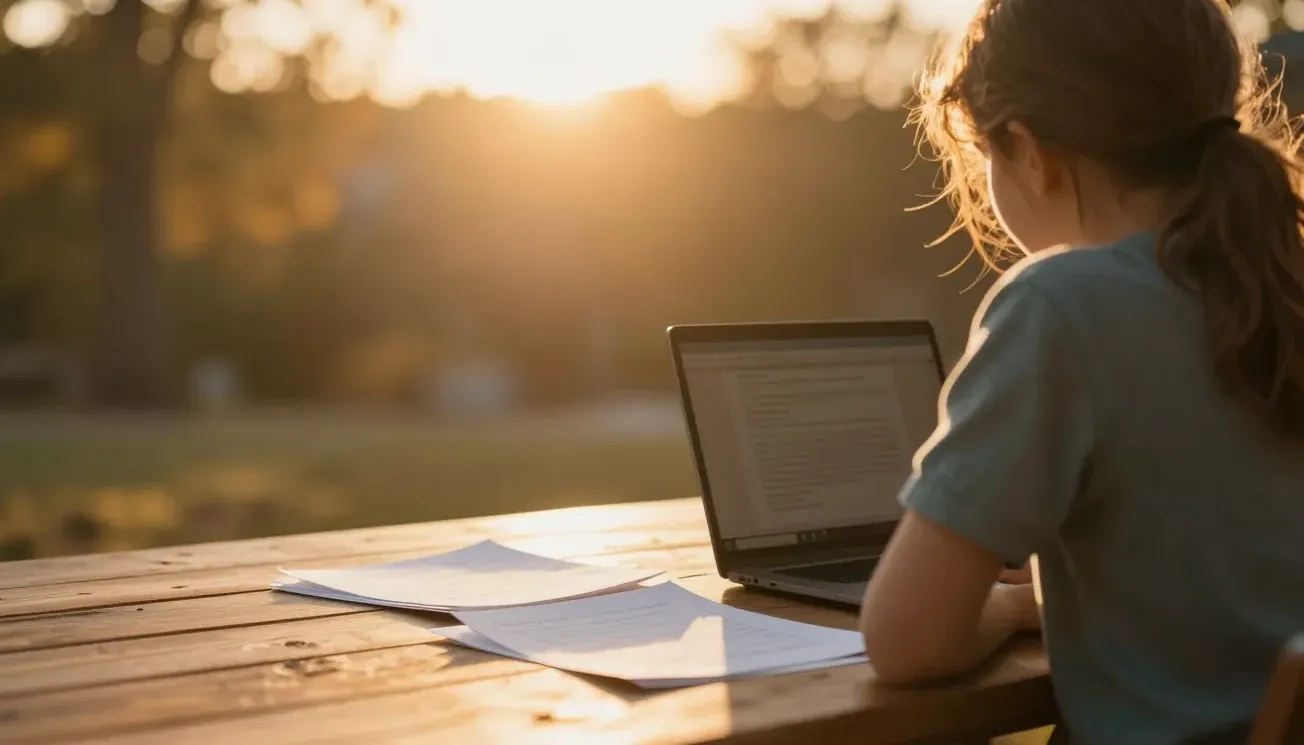 A parent and child review funding paperwork at a sunlit table
