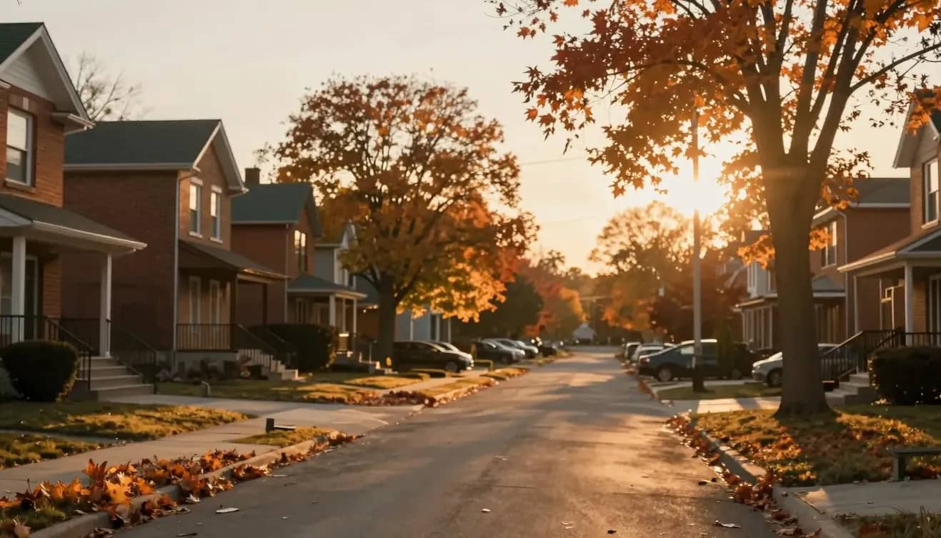 A quiet suburban Ontario street at golden-hour sunset