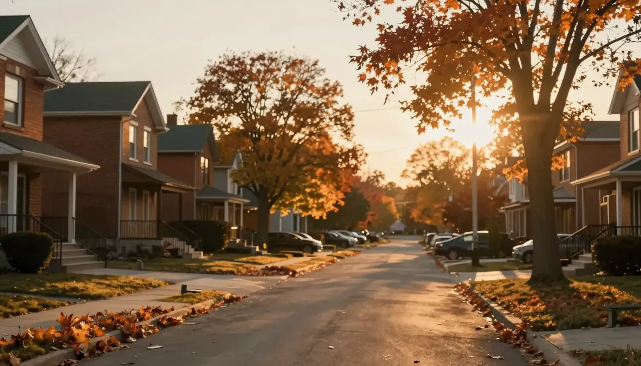 A quiet suburban Ontario street at golden-hour sunset
