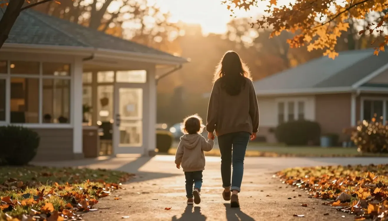 A parent and child walk toward a community centre at golden hour