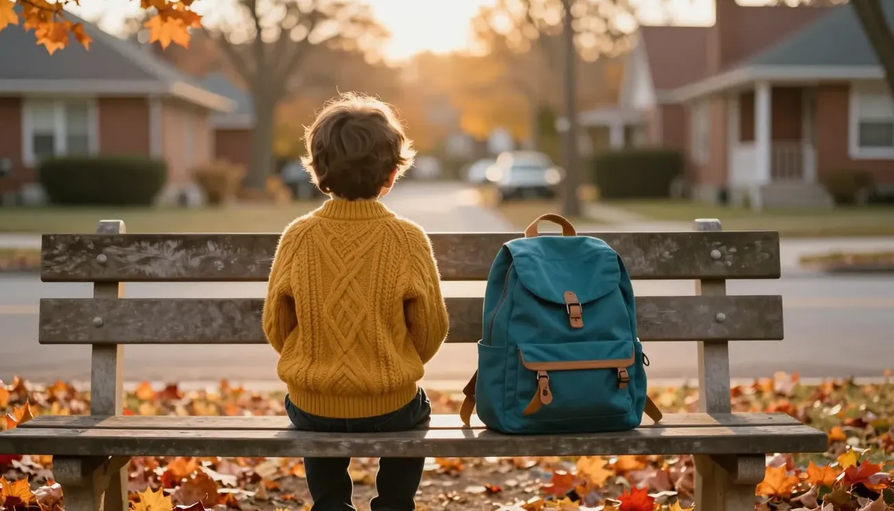 A child waits alone on a park bench at golden hour, seen from behind