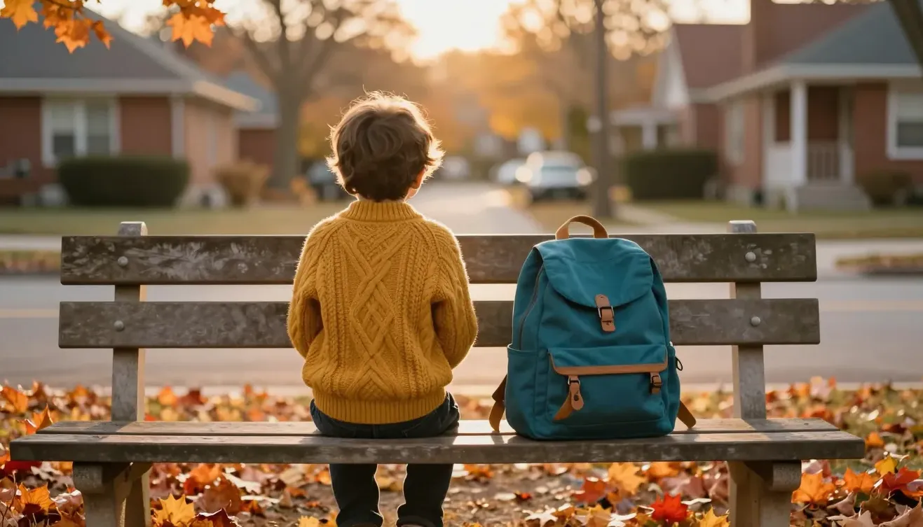 A child waits alone on a park bench at golden hour, seen from behind