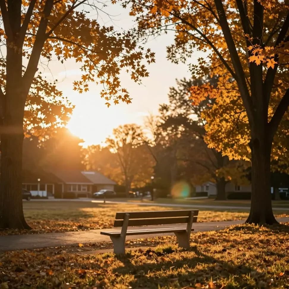 A quiet Mississauga park at golden-hour sunset