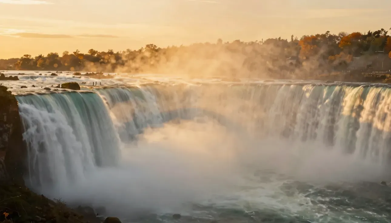 Niagara Falls glowing amber at golden-hour sunset