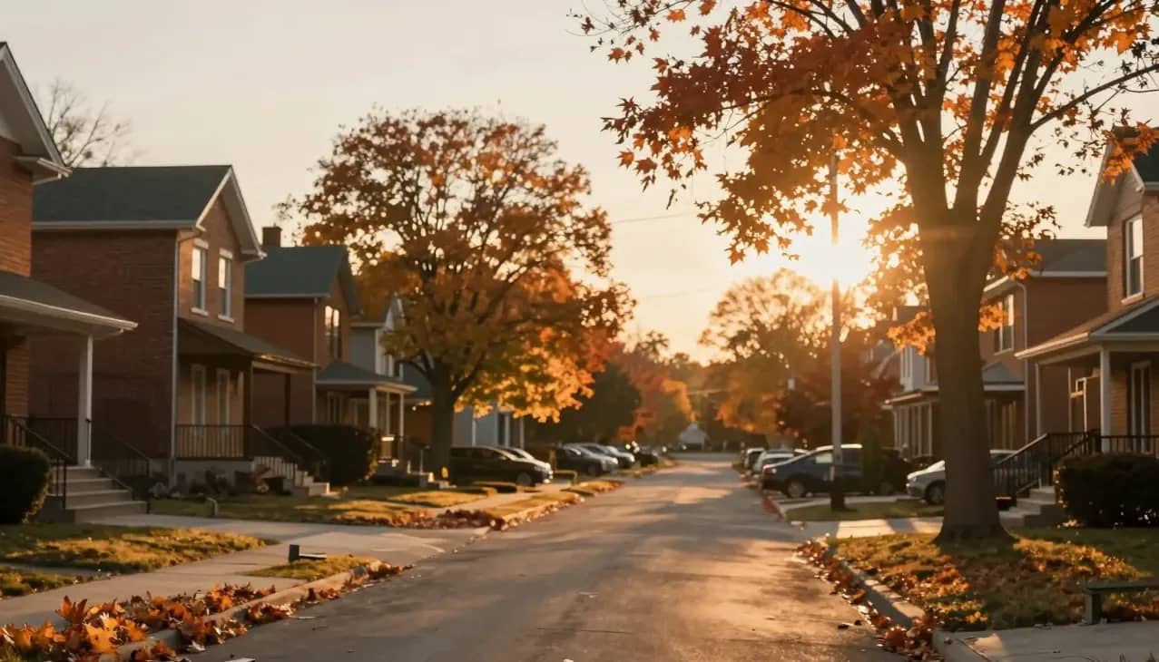 A quiet suburban Ontario street at golden-hour sunset