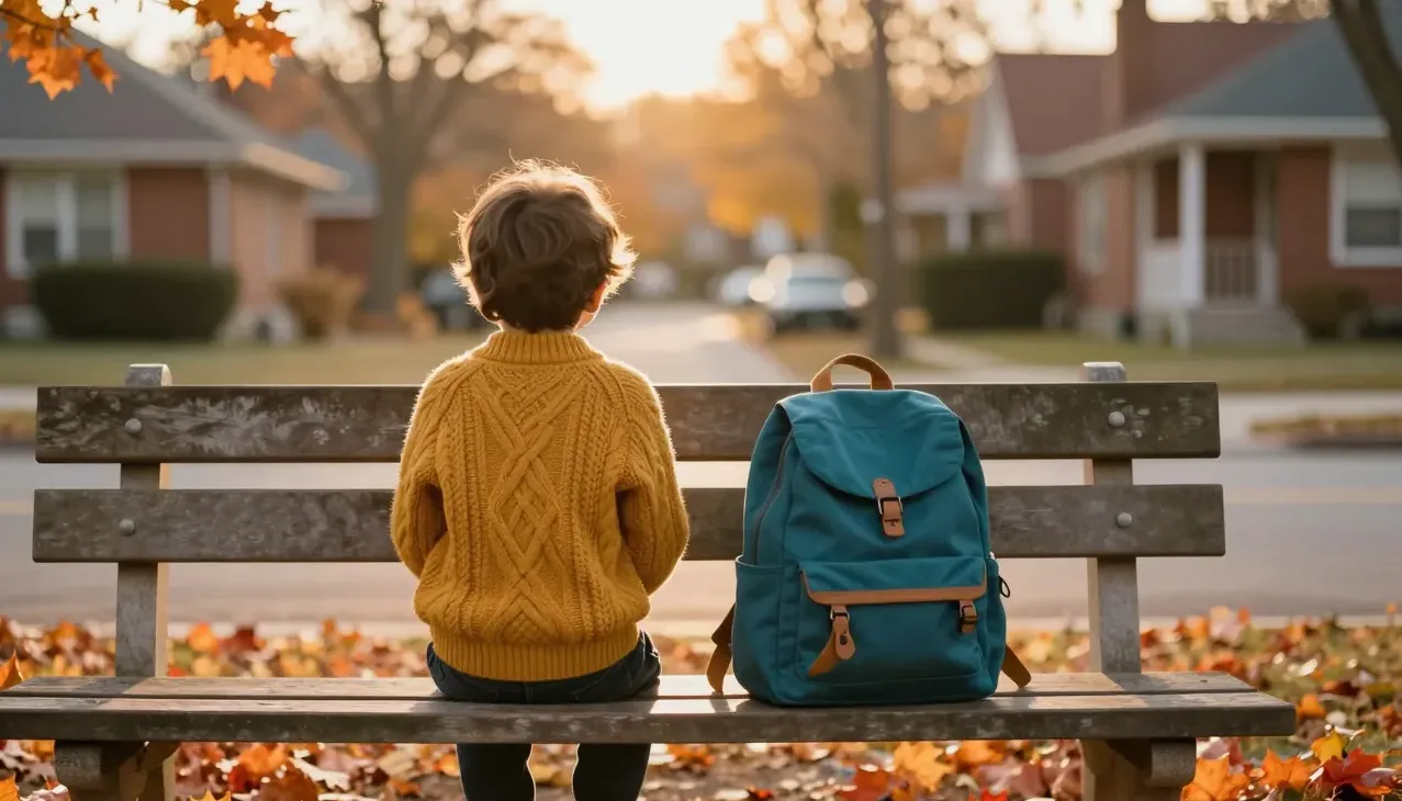 A child waits alone on a park bench at golden hour, seen from behind
