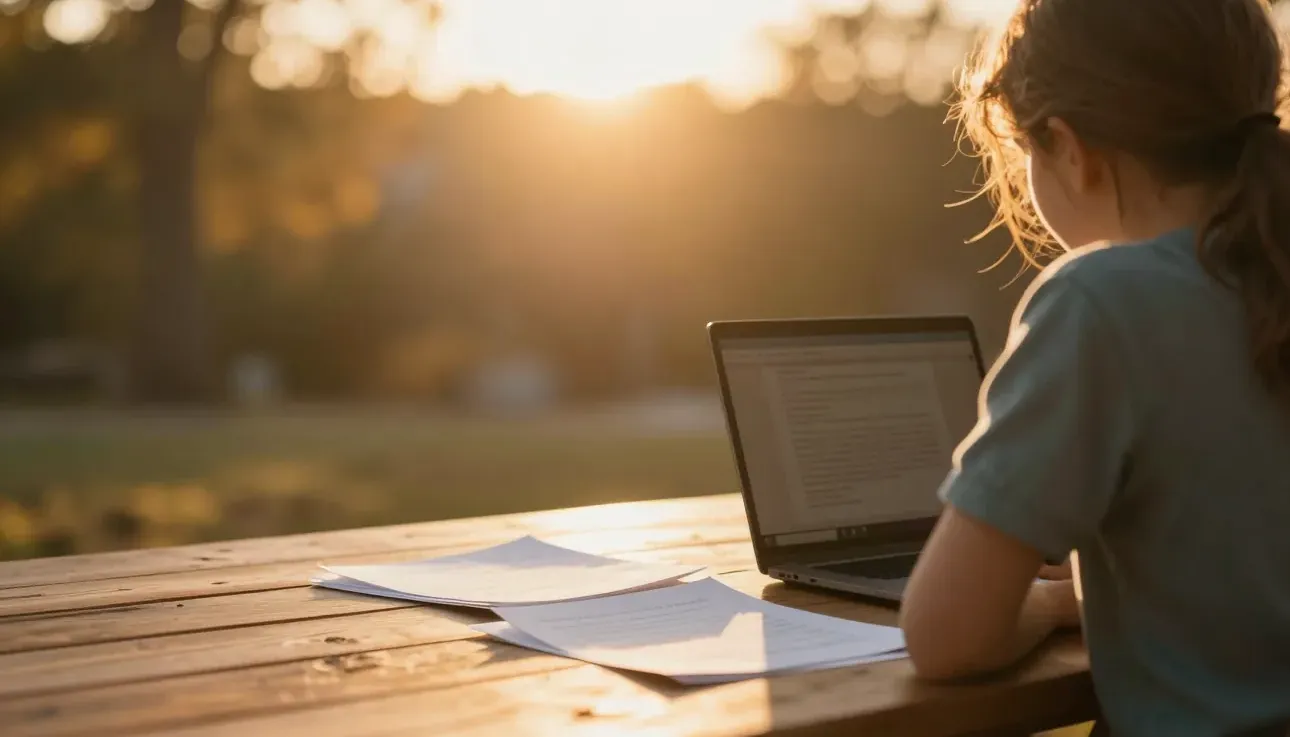 A parent and child review funding paperwork at a sunlit table