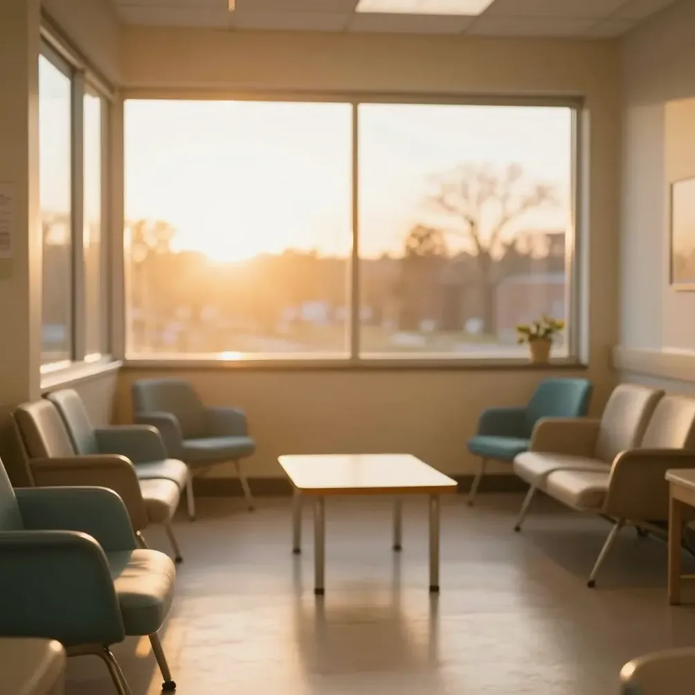 A calm, warm-lit pediatric clinic waiting area
