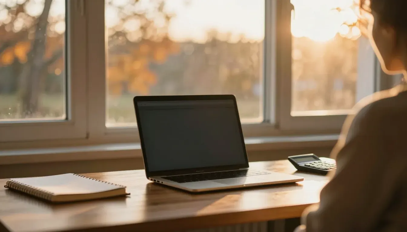 A laptop, notebook and calculator on a warm-lit desk
