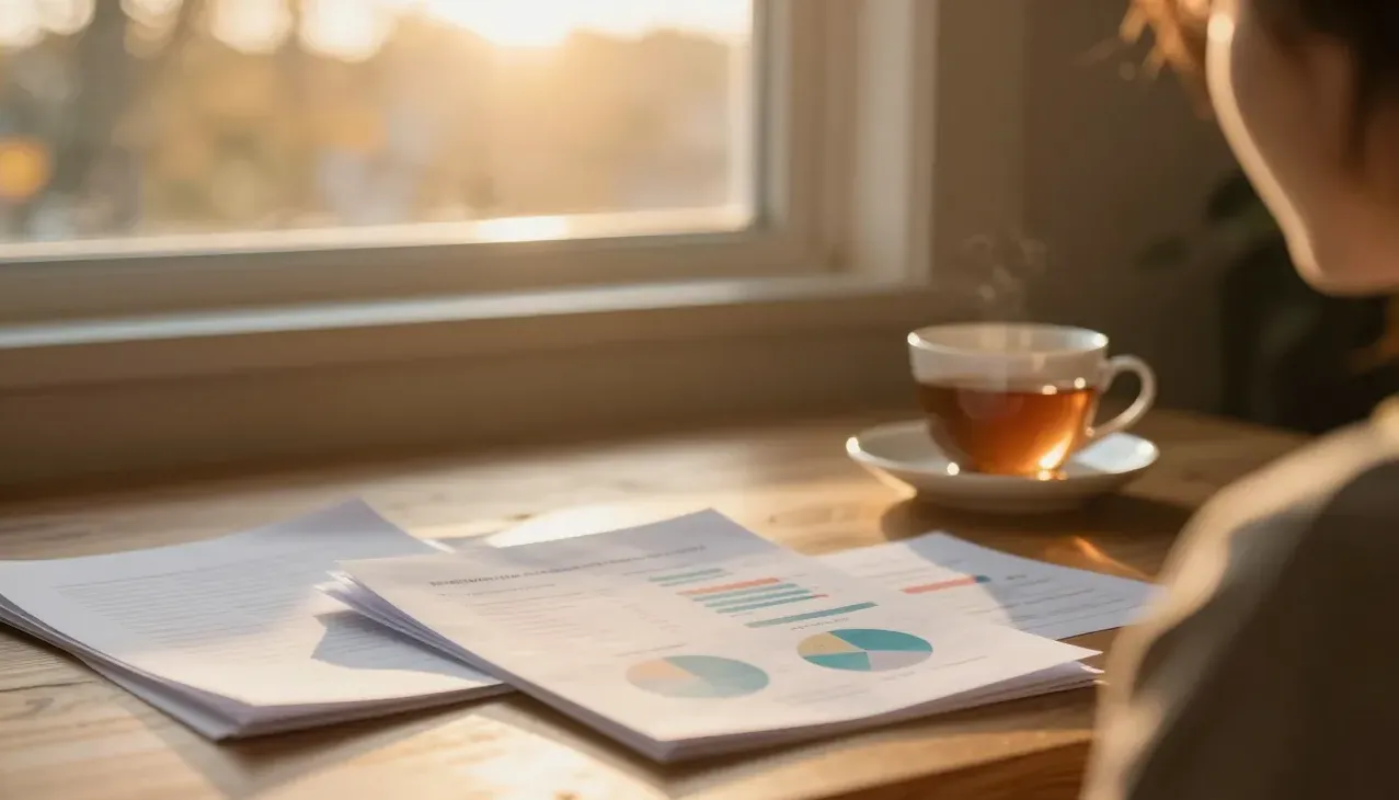 Comparison charts and documents on a sunlit desk
