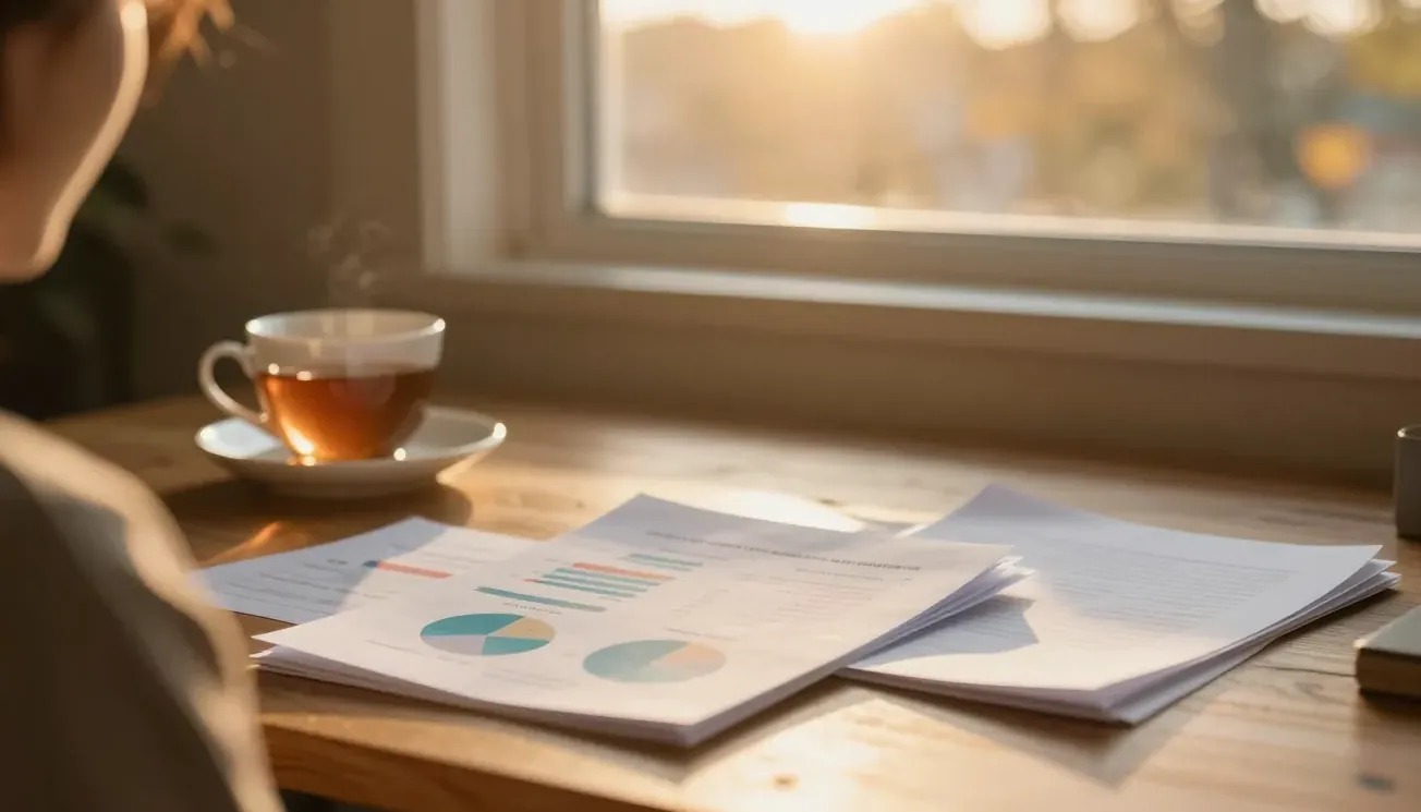 Comparison charts and documents on a sunlit desk