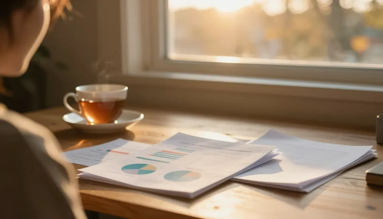Comparison charts and documents on a sunlit desk