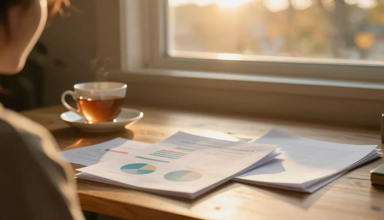 Comparison charts and documents on a sunlit desk