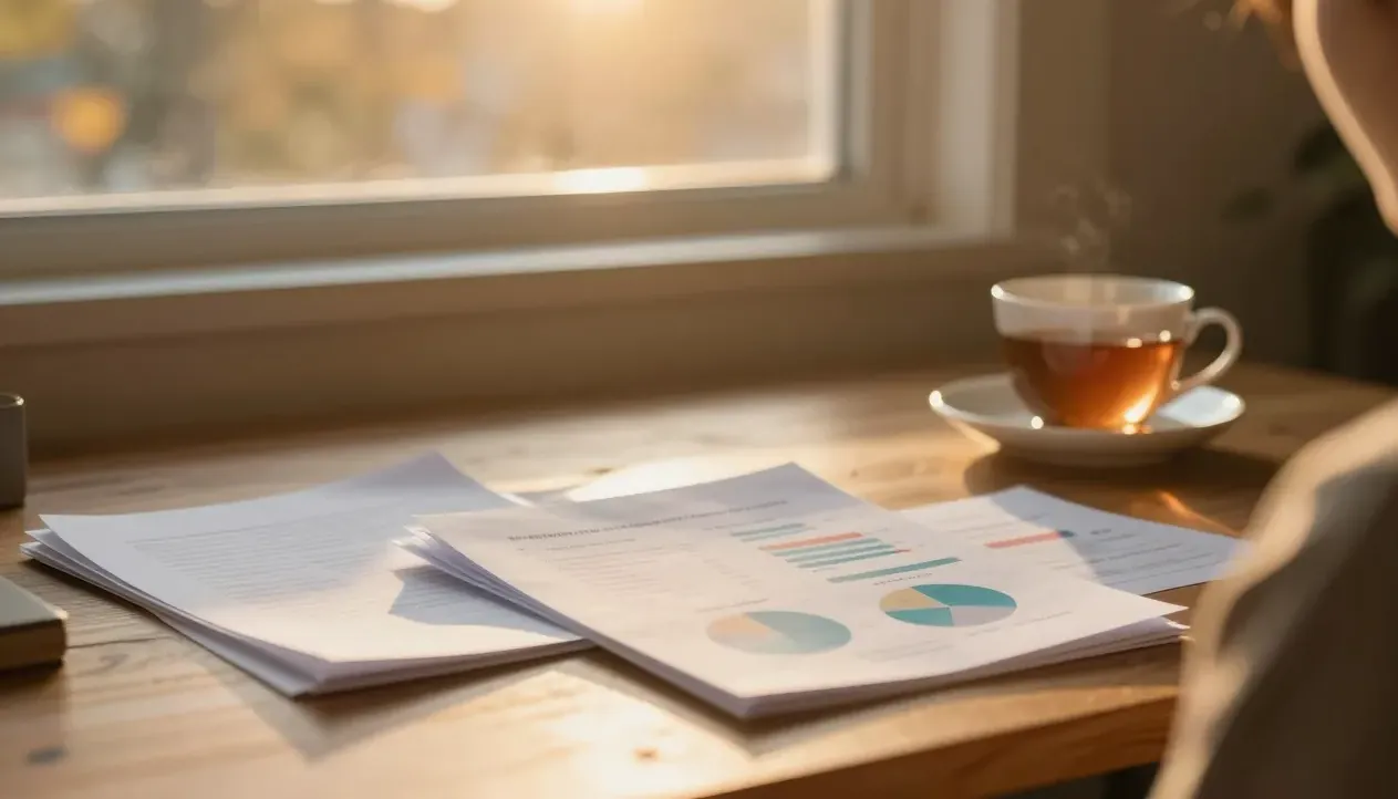 Comparison charts and documents on a sunlit desk