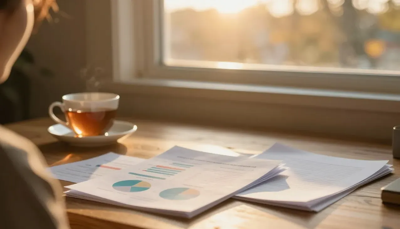 Comparison charts and documents on a sunlit desk