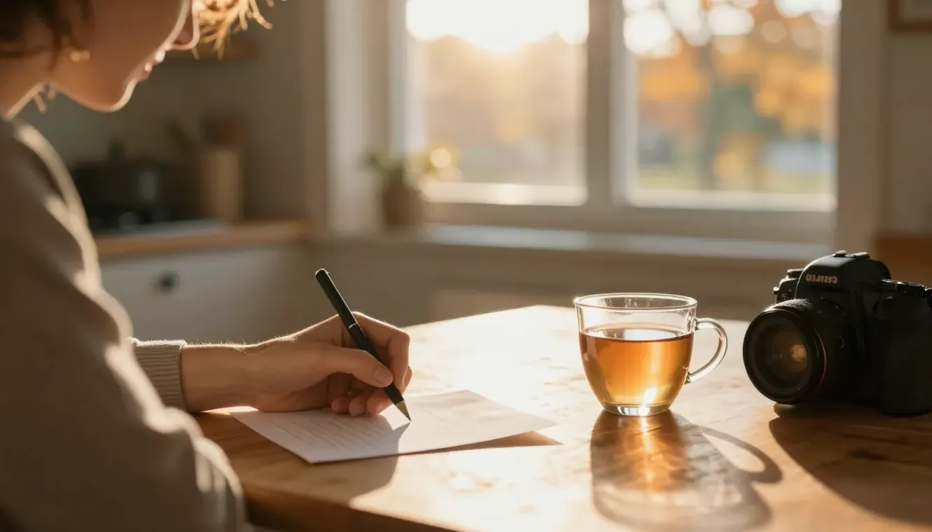 A parent writes a letter at a sunlit kitchen table