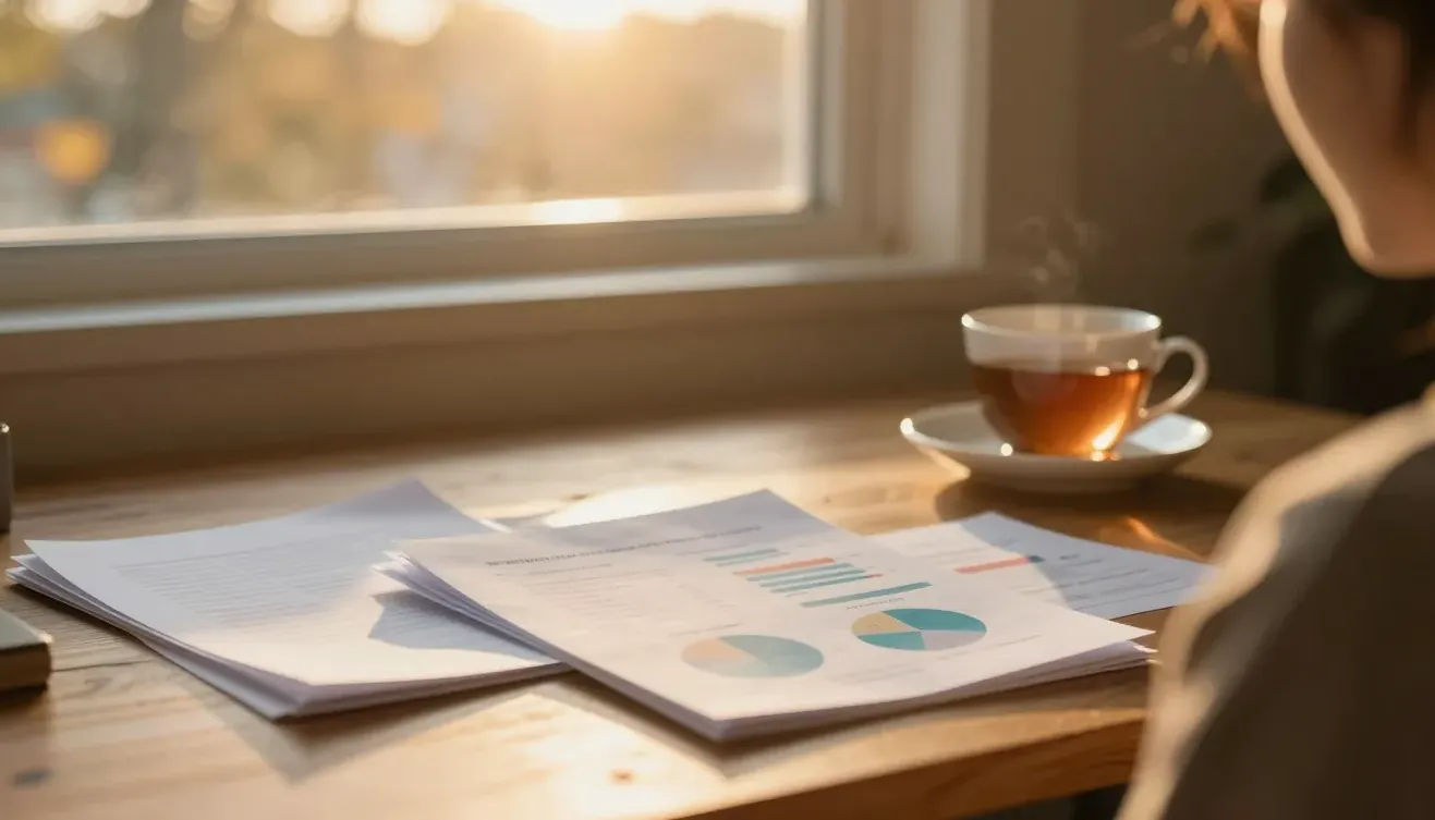Comparison charts and documents on a sunlit desk