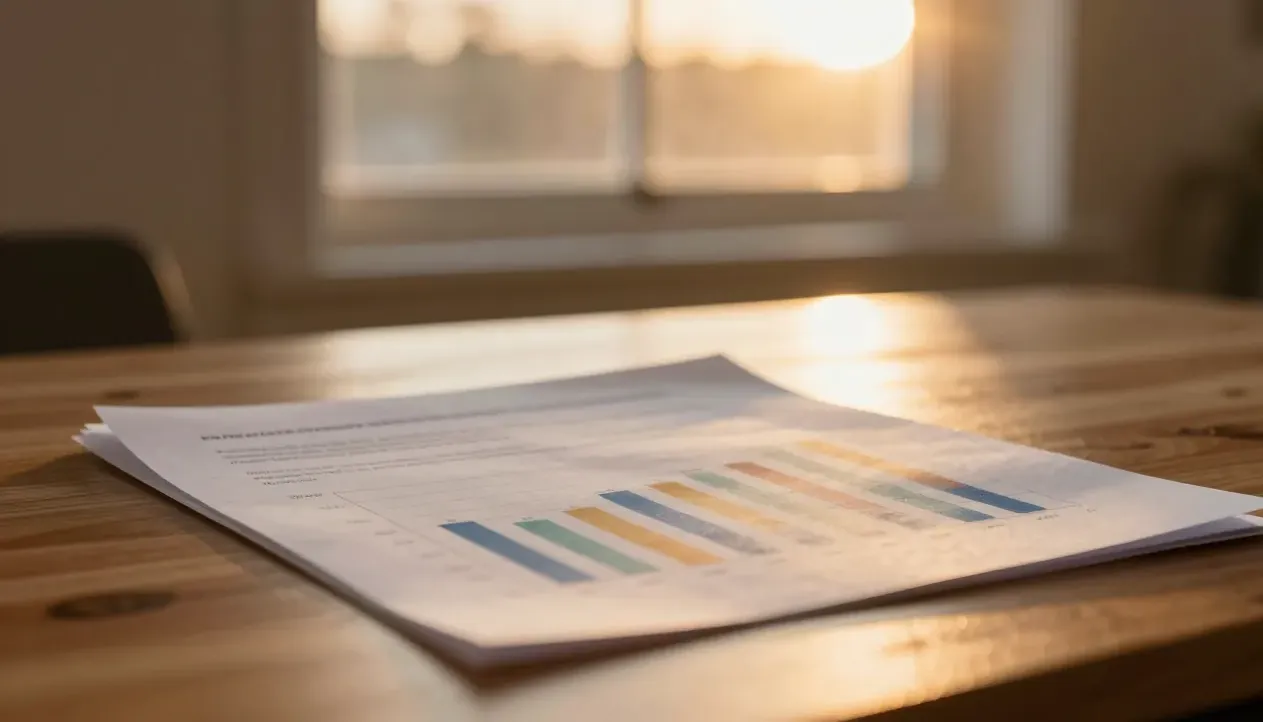 A printed data chart on a warm-lit desk by a window