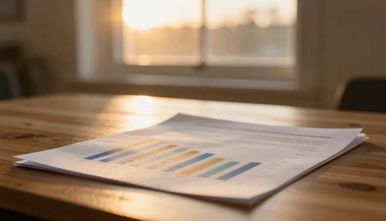 A printed data chart on a warm-lit desk by a window