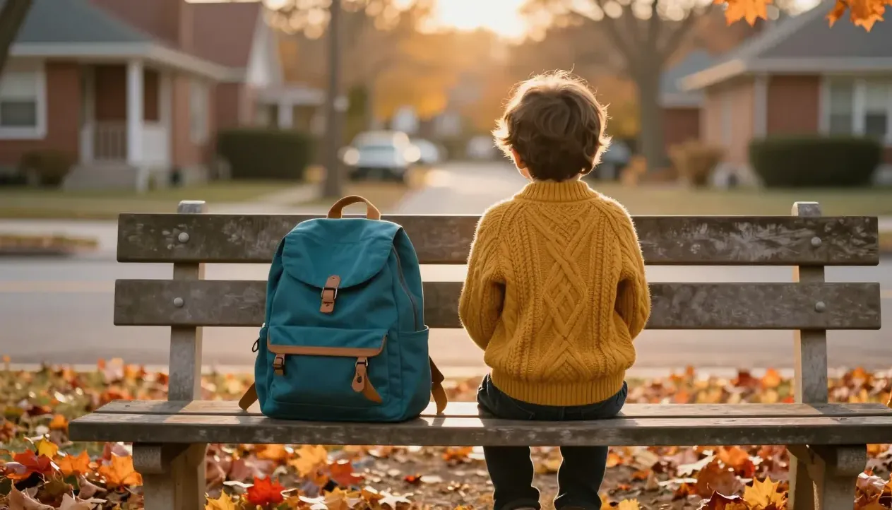 A child waits alone on a park bench at golden hour, seen from behind