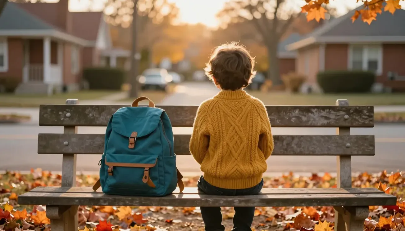 A child waits alone on a park bench at golden hour, seen from behind