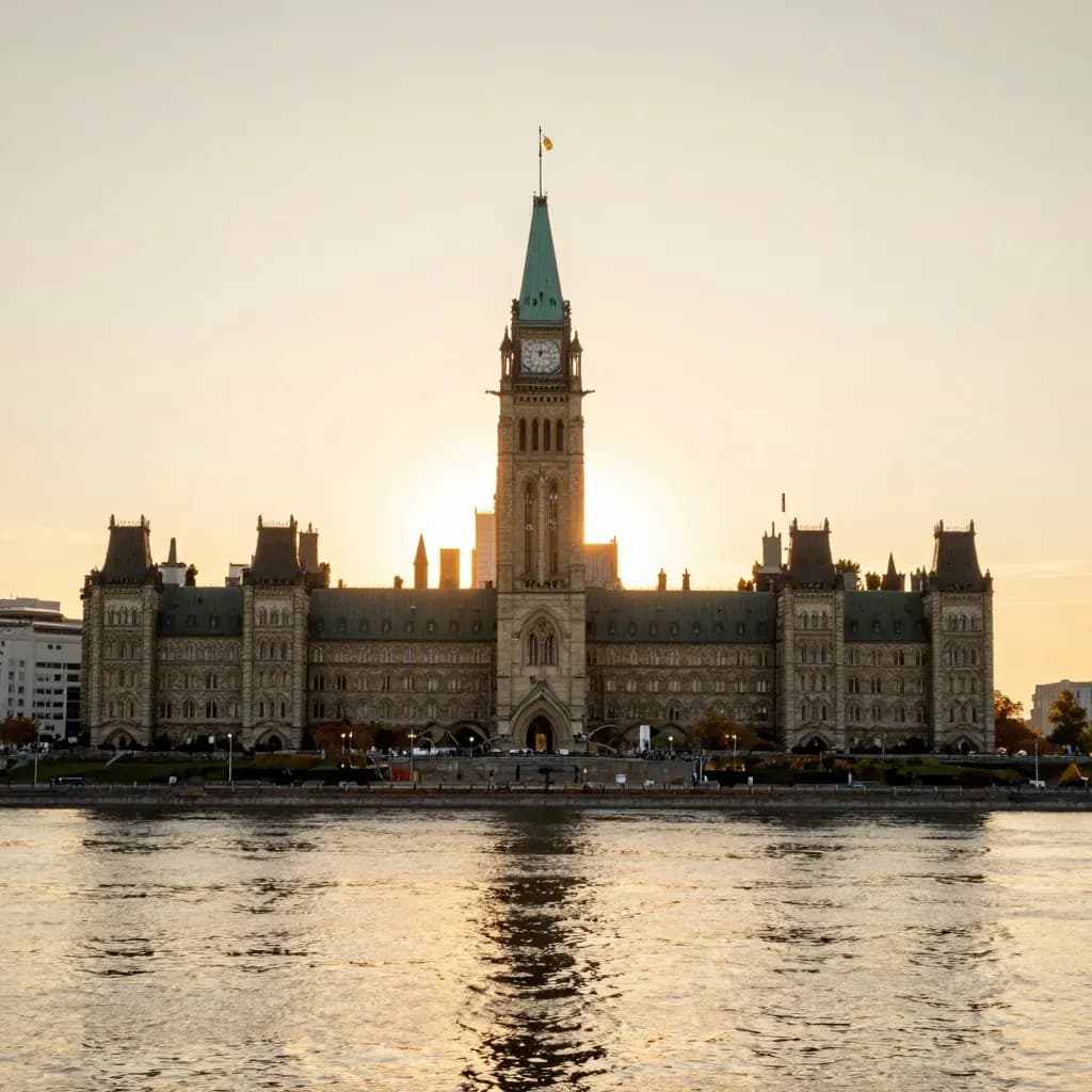 Parliament Hill in Ottawa at golden-hour sunset