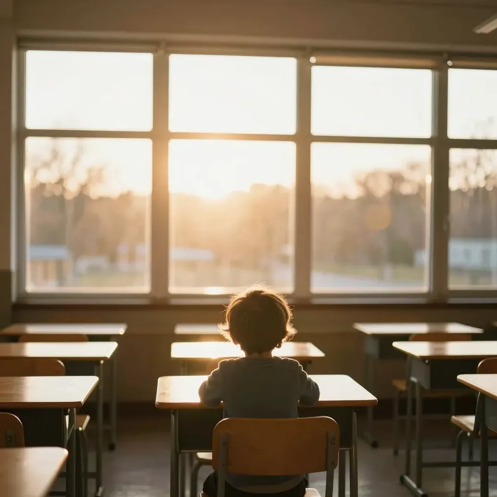 A child at a classroom desk in warm light, seen from behind