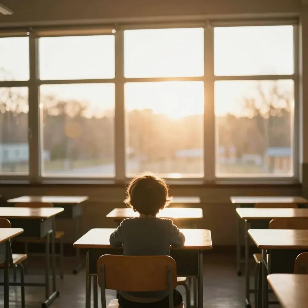 A child at a classroom desk in warm light, seen from behind