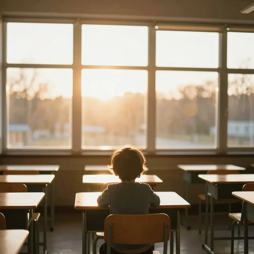 A child at a classroom desk in warm light, seen from behind