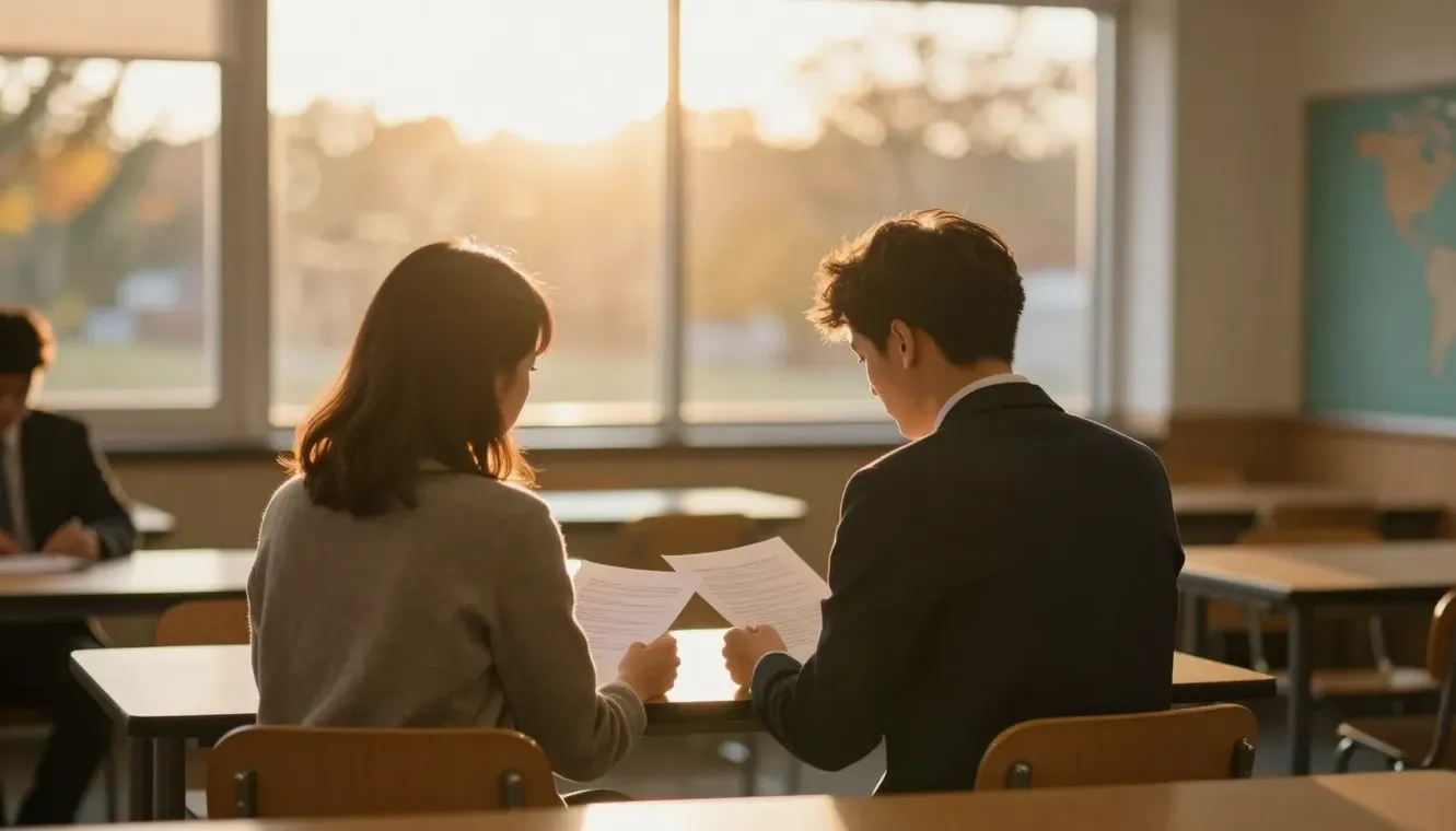 A parent and school staff reviewing documents, seen from behind