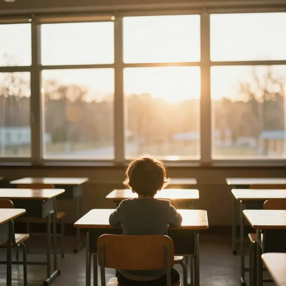 A child at a classroom desk in warm light, seen from behind
