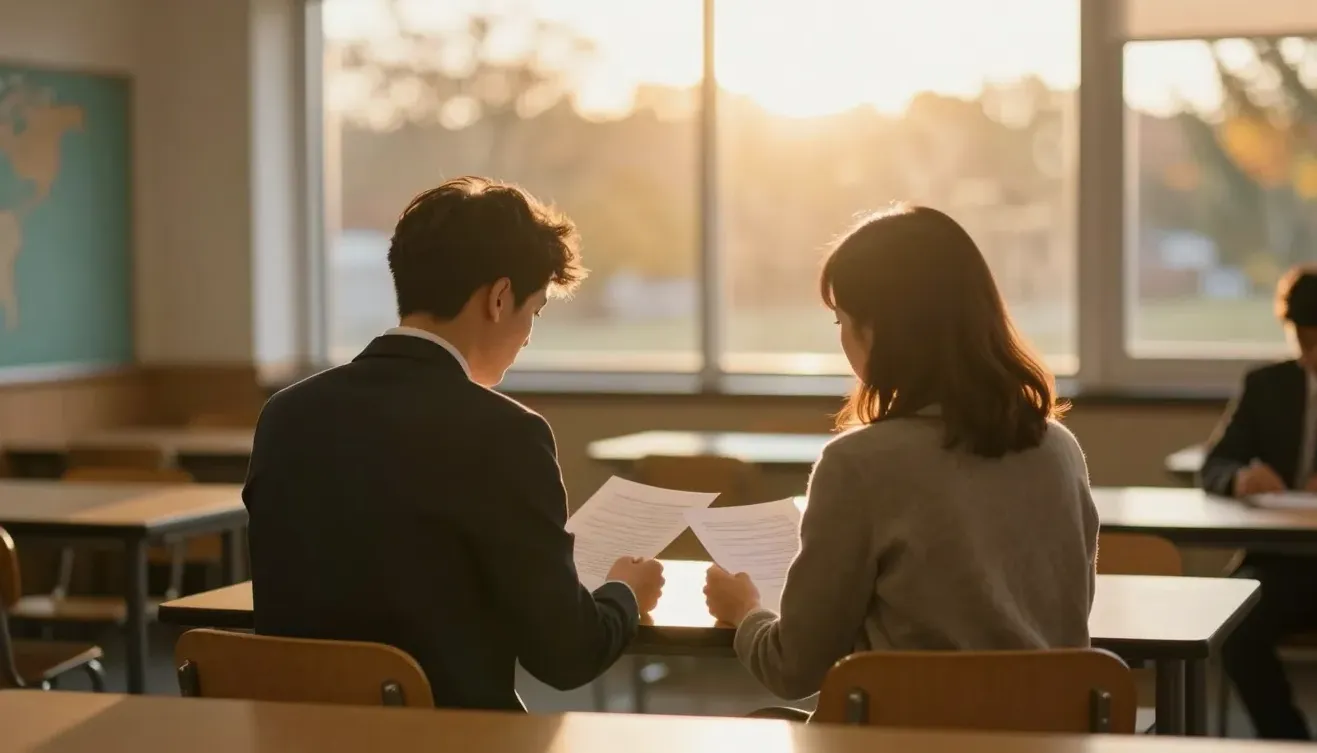A parent and school staff reviewing documents, seen from behind