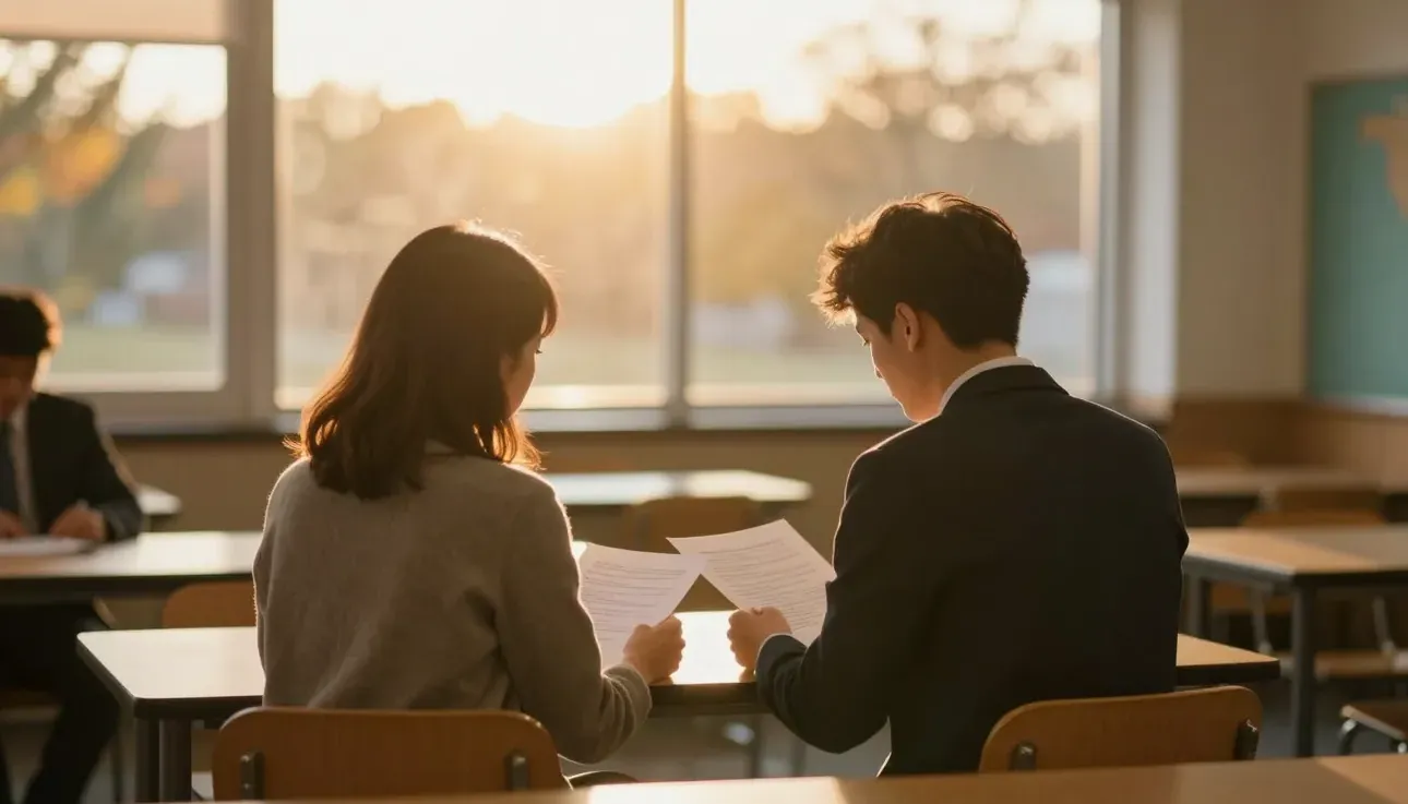 A parent and school staff reviewing documents, seen from behind