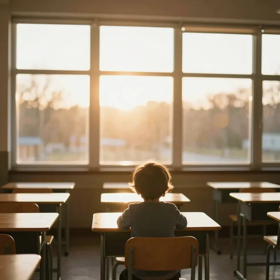 A child at a classroom desk in warm light, seen from behind
