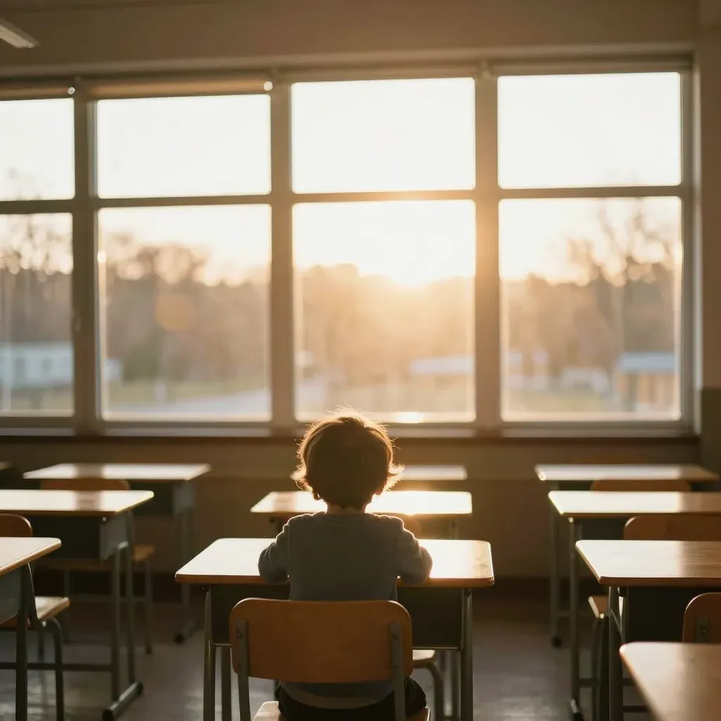 A child at a classroom desk in warm light, seen from behind