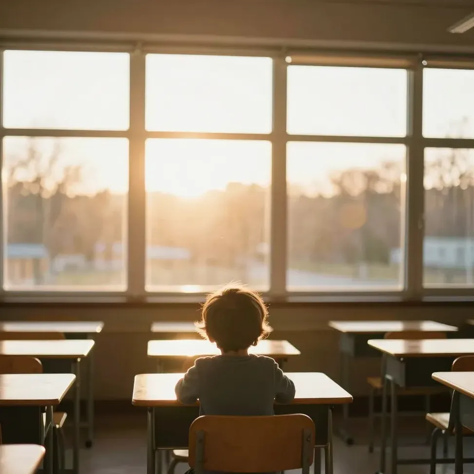 A child at a classroom desk in warm light, seen from behind